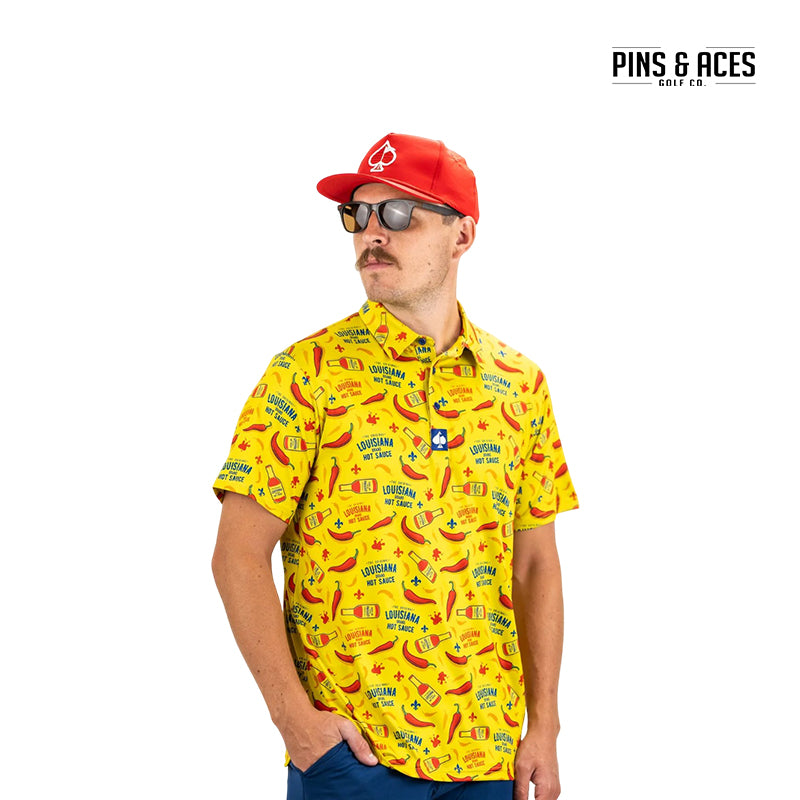 Pinsandaces Polo Shirt Louisiana Hot Sauce Yellow Topgolf 2109