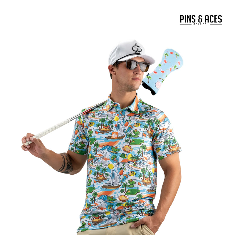 PINS&ACES POLO SHIRT MARGARITAVILLE-PINS IN PARADISE WHITE